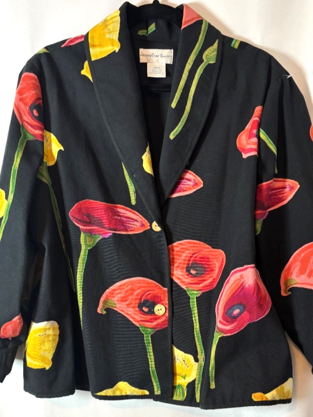 Black Floral Blazer Jacket Large Calla Lily Print Jacqueline Lauren